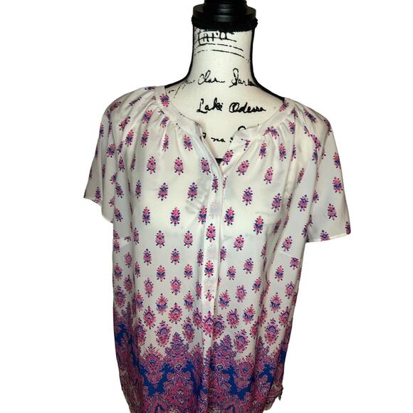 Talbots Women Size X Blouse Blue Pink Floral Shirt Top Light Weight Comfort - Picture 5 of 13